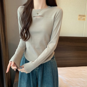 RM21737#大码女装设计感镂空长袖t恤修身打底衫