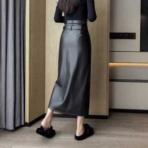 RM24199#新款高级感pu裙时尚设计高腰开叉皮裙a字中长半身裙