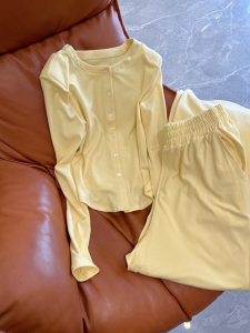 TR59425# 新款黄色套装女春秋季修身显瘦上衣阔腿裤两件套 服装批发女装批发服饰货源