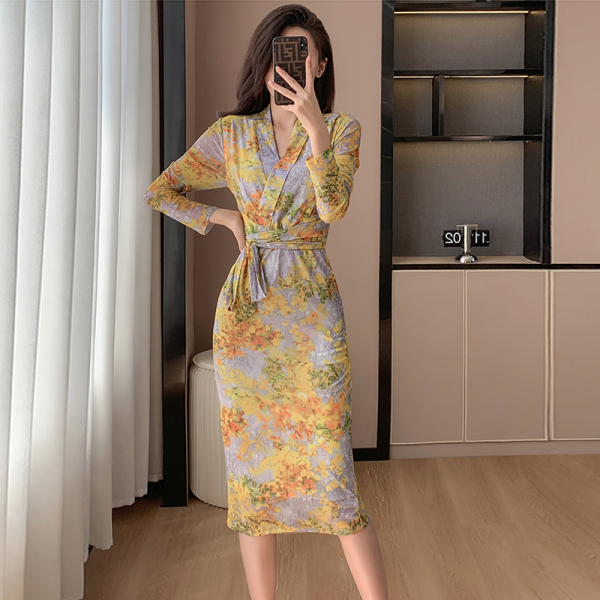 RM21970#新款网纱修身黄色碎花包臀显瘦气质优雅中长款连衣裙
