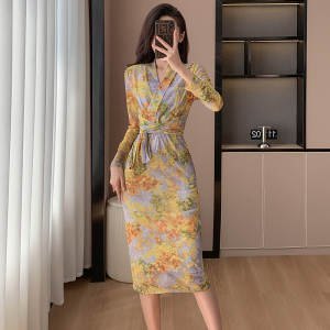 RM21970#新款网纱修身黄色碎花包臀显瘦气质优雅中长款连衣裙