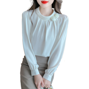 RM21640#新款法式气质显瘦立领花朵纯色套头长袖雪纺衫女衬衫