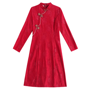 RM21671#长袖新款复古蕾丝改良显示旗袍连衣裙