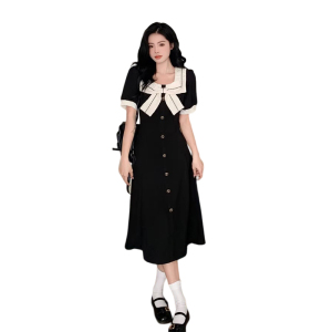 RM21722#赫本风黑色显瘦方领连衣裙子2023夏季新款女装法式收腰长裙小个子
