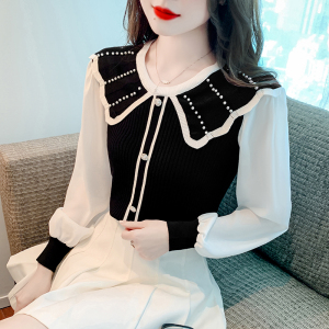 RM24256#新款小香风长袖拼接针织毛衣女设计感小众娃娃领气质上衣