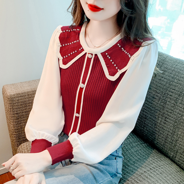 RM24256#新款小香风长袖拼接针织毛衣女设计感小众娃娃领气质上衣