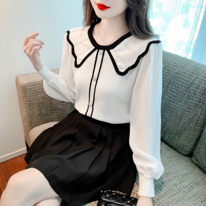 RM24256#新款小香风长袖拼接针织毛衣女设计感小众娃娃领气质上衣
