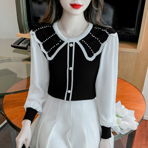RM24256#新款小香风长袖拼接针织毛衣女设计感小众娃娃领气质上衣