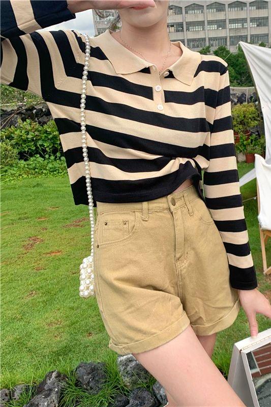 2023 new autumn design sense niche polo collar retro striped long-sleeved t-shirt women's high waist short top