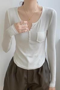 RM21712#秋季V领短款修身显瘦纯欲风内搭气质打底衫T恤女针织衫