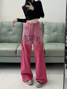 RM21704#欧美式高街辣妹vibe风裤子y2k千禧直筒扎染微喇牛仔裤