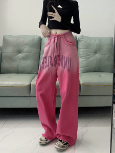 RM21704#欧美式高街辣妹vibe风裤子y2k千禧直筒扎染微喇牛仔裤