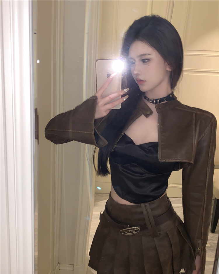 American Spice Girl Suit Motorcycle Leather Short Coat Pleated Leather Skirt Two-piece Set
