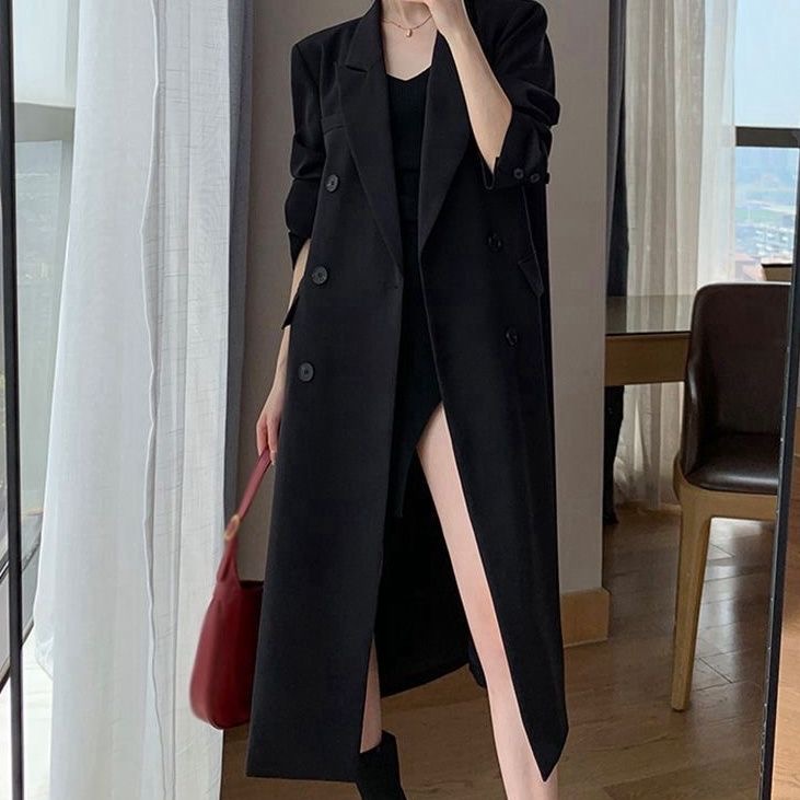 Black windbreaker women's 2023 autumn and winter new high-end temperament all-match slim mid-length coat trendy