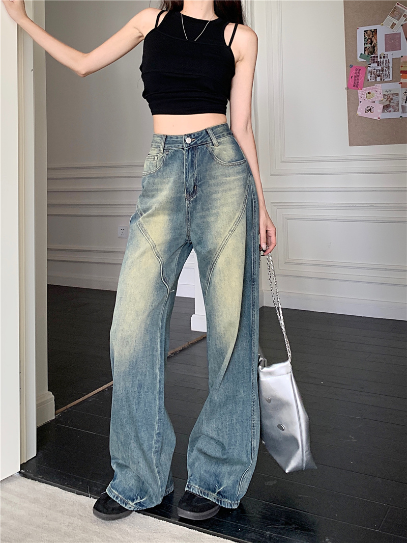 ~New American retro washed straight jeans high waist loose versatile floor mopping pants for women