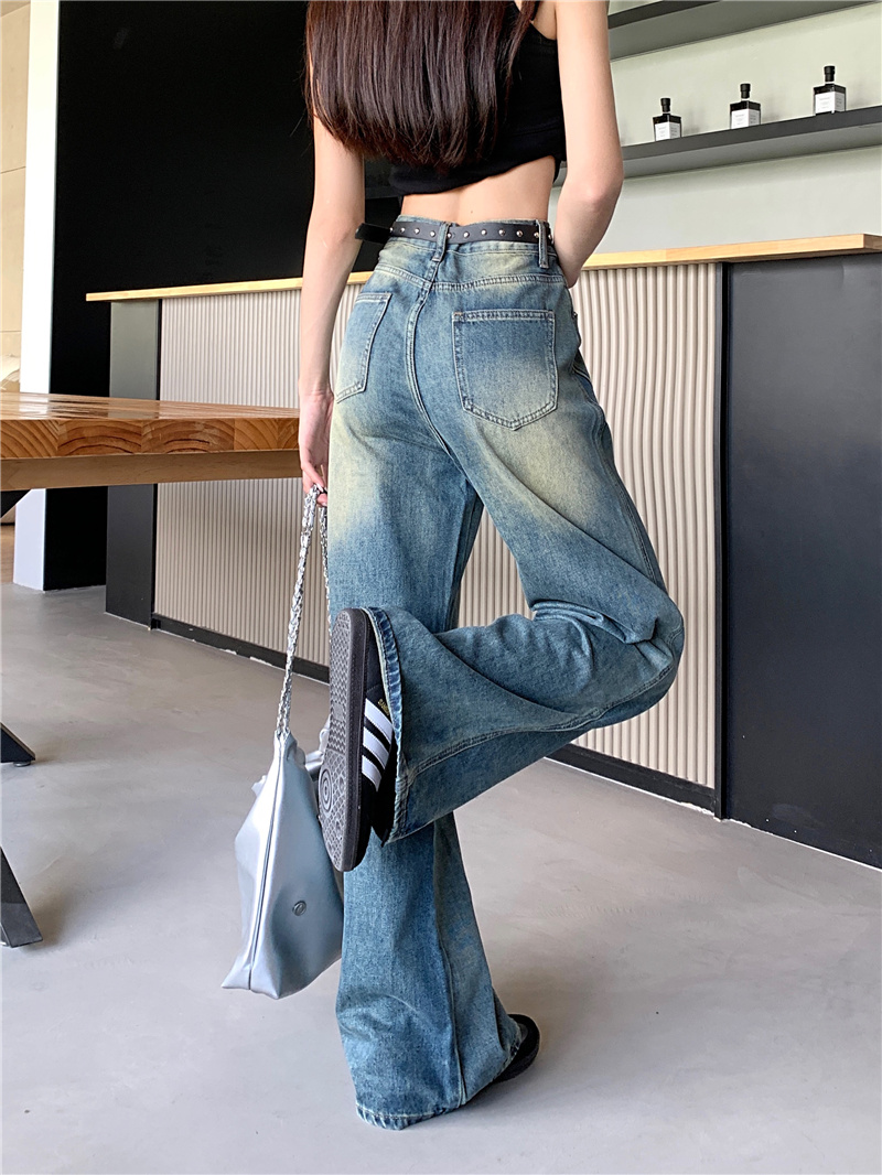 ~New American retro washed straight jeans high waist loose versatile floor mopping pants for women