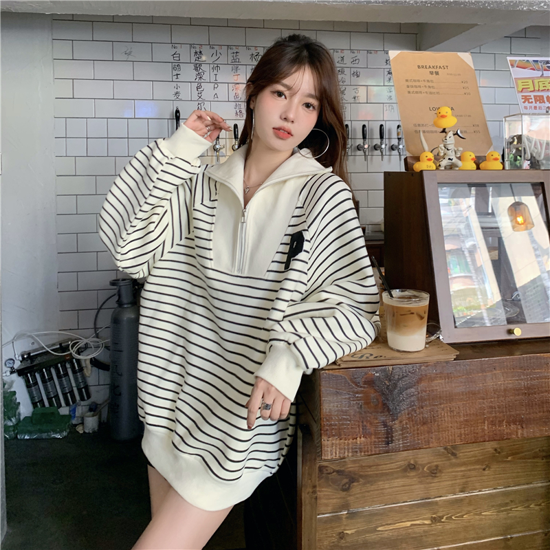 Official image Half zipper striped v-neck all-match casual sweater women's design sense niche loose small long-sleeved top