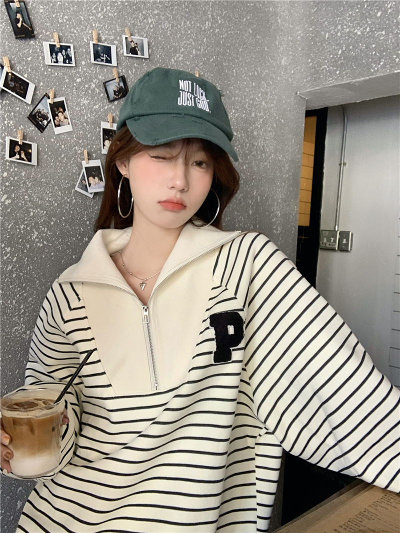 Official image Half zipper striped v-neck all-match casual sweater women's design sense niche loose small long-sleeved top