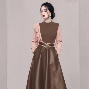RM22224#女装新款时尚气质撞色针织衫上衣棕色皮裙长裙裙子套装
