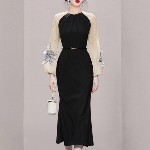 RM22223#新款气质撞色灯笼袖修身收腰显瘦黑色连衣裙长裙裙子