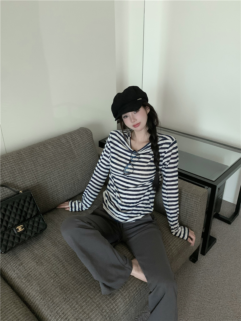 Real shot of lazy striped contrasting color thin long-sleeved top T-shirt + drawstring low-waist slimming sports pants