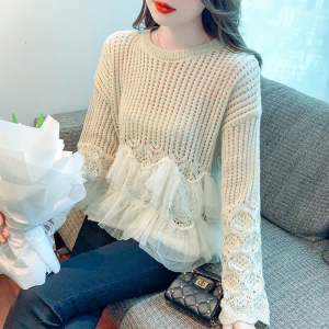 TR59610# 长袖镂空拼接纱网超仙小众设计感甜美纯色秋季女装新款 服装批发女装批发服饰货源