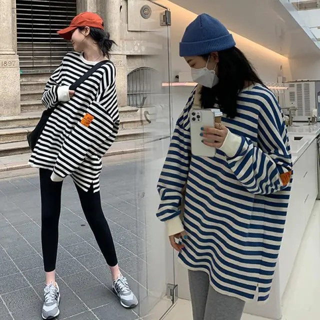 Women's thin round neck striped casual sweatshirt