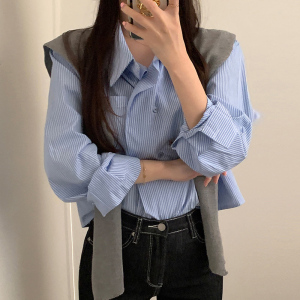 TR52950# 韩版长袖条纹衬衣+针织披肩两件套 服装批发女装批发服饰货源