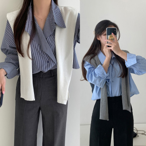 TR52950# 韩版长袖条纹衬衣+针织披肩两件套 服装批发女装批发服饰货源
