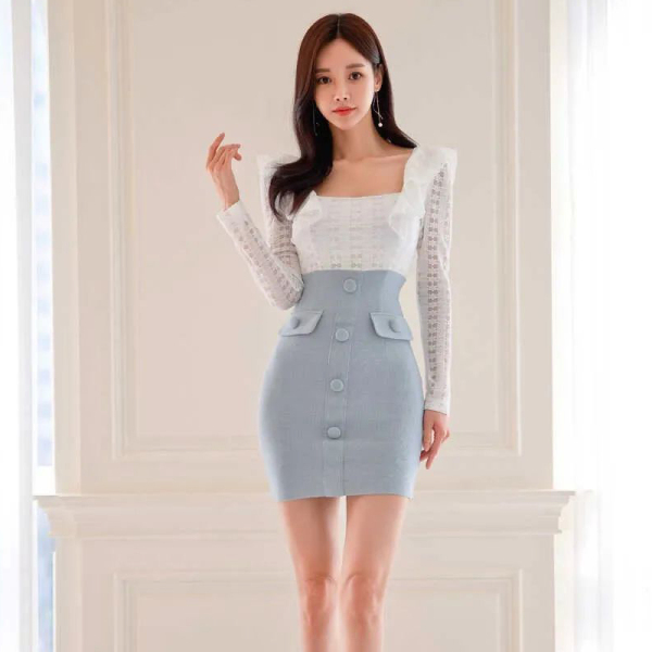 RM22215#新款韩版时尚气质优雅显瘦拼色淑女长袖方领蕾丝边连衣裙
