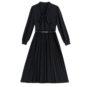 RM22182#新款V领系带黑色百褶裙中长裙过膝送皮带长袖连衣裙