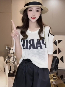 RM21870#欧货镂空露肩t恤女夏季新款韩版宽松显瘦洋气小衫设计感薄款上衣
