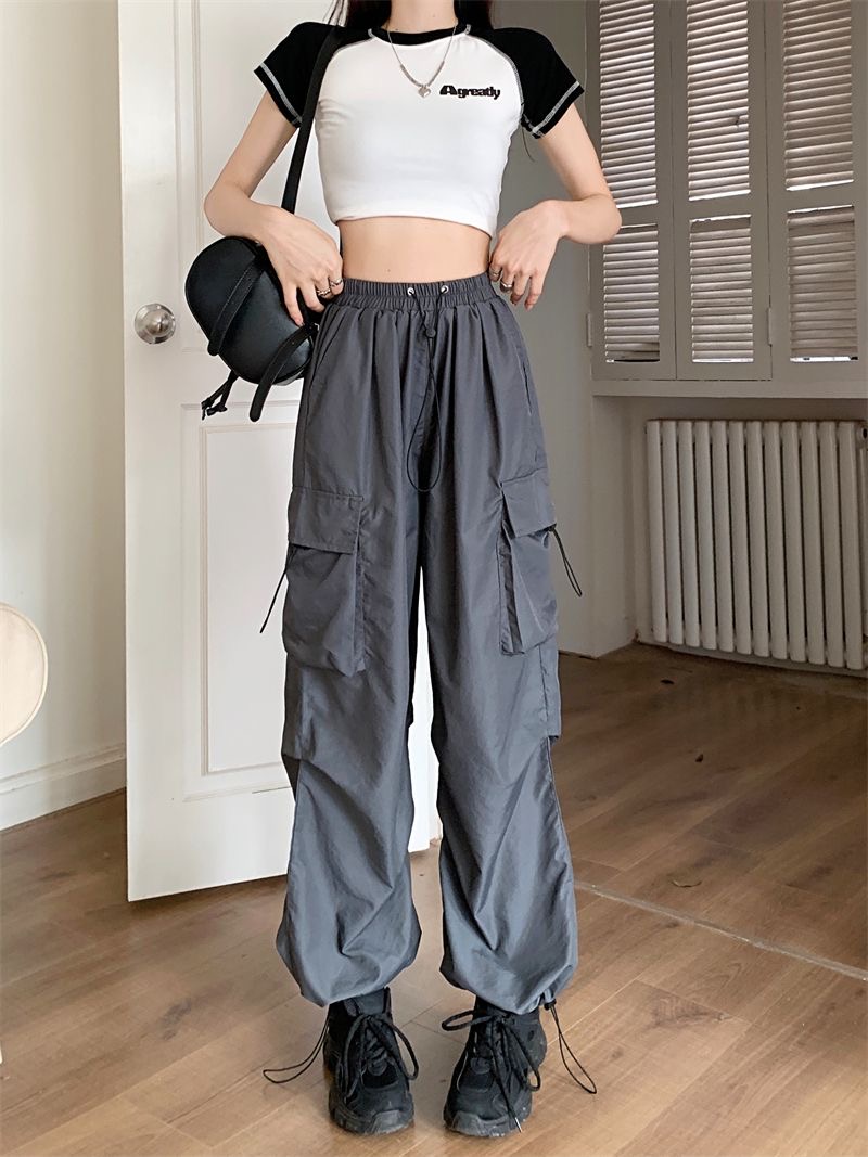 American quick-drying overalls for women summer high-waist slim drawstring design wide-leg casual pants gray trousers