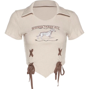 RM21872#欧美复古风撞色束腰印花短袖T恤修身显瘦翻领针织衫上衣女