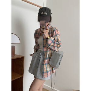 RM21886#格子衬衫女慵懒风休闲设计感纯棉韩版chic长袖上衣外套