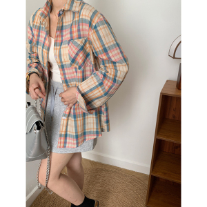 RM21886#格子衬衫女慵懒风休闲设计感纯棉韩版chic长袖上衣外套