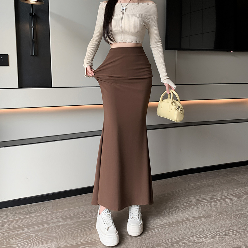 實拍半身裙女2026年春夏黑色彈力褶皺中長款百搭修身魚尾裙子