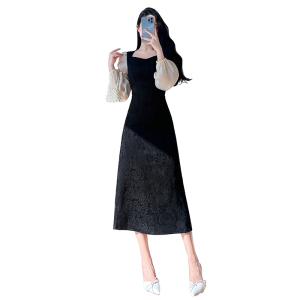 RM21918#连衣裙超修身中长裙长袖方领套头