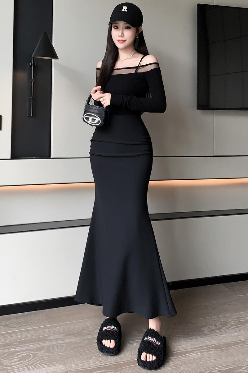 實拍半身裙女2026年春夏黑色彈力褶皺中長款百搭修身魚尾裙子