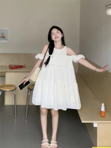 RM21884#露肩短袖连衣裙女夏季2023新款甜美设计感小心机显瘦蓬蓬A字裙子