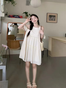 RM21884#露肩短袖连衣裙女夏季2023新款甜美设计感小心机显瘦蓬蓬A字裙子