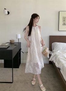 RM21880#甜美雪纺挂脖连衣裙仙女夏季海边度假裙子气质高级感露肩无袖长裙