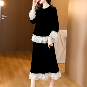 RM24128# 新秋款钉珠上衣拼接半身裙中式国风丝绒套装裙