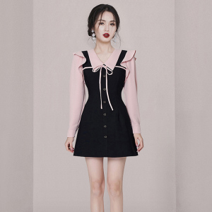 TR56987# 甜美连衣裙娃娃领单排扣淑女X型短裙长袖 服装批发女装批发服饰货源