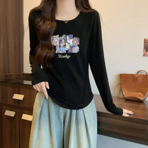 TR51128# 大码微胖秋季打底t恤女设计感弧形下摆印花显瘦上衣 服装批发女装批发服饰货源
