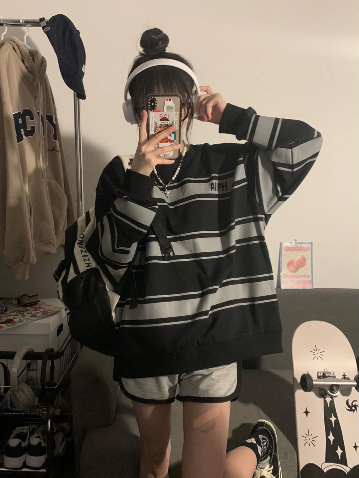 Guochao brand American retro hiphop striped long-sleeved sweater women's spring and autumn thin section loose bf lazy wind top