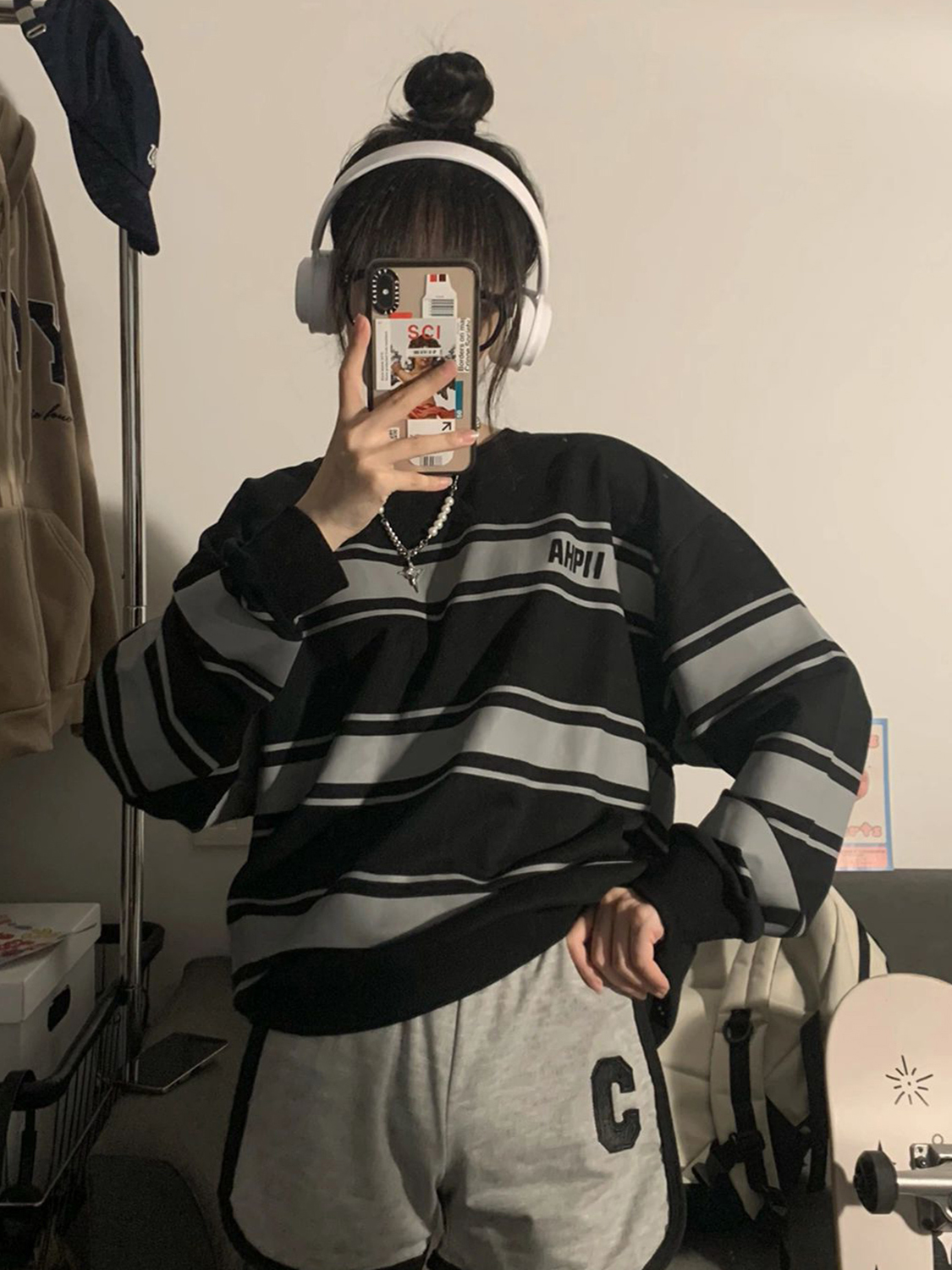 Guochao brand American retro hiphop striped long-sleeved sweater women's spring and autumn thin section loose bf lazy wind top
