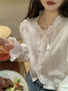 RM22882#白色短款蕾丝花边长袖衬衫女秋季法式小众显瘦百搭上衣