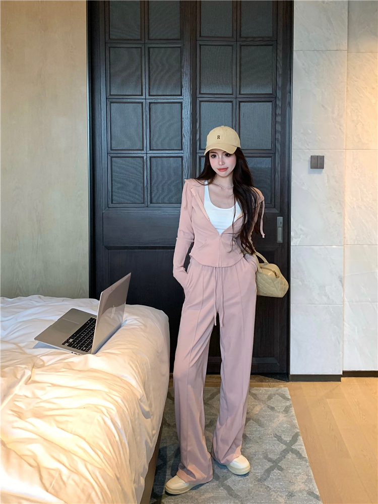 Real shot!  Early spring casual suit long-sleeved hooded cardigan jacket women's casual straight trousers two-piece set