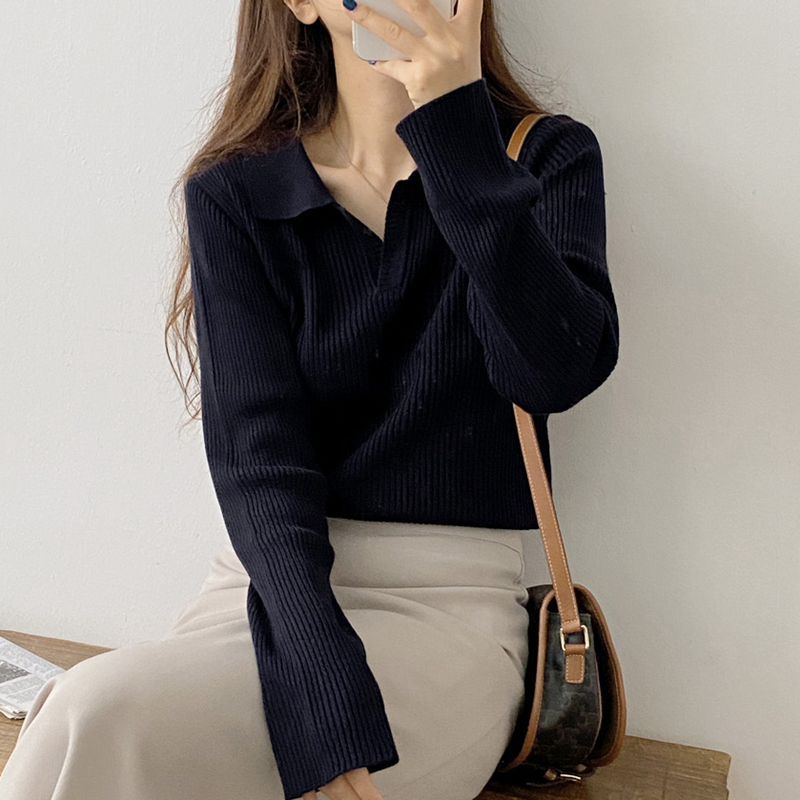 Korean chic temperament lapel V-neck slim fit long-sleeved elastic bottoming knitted sweater for women